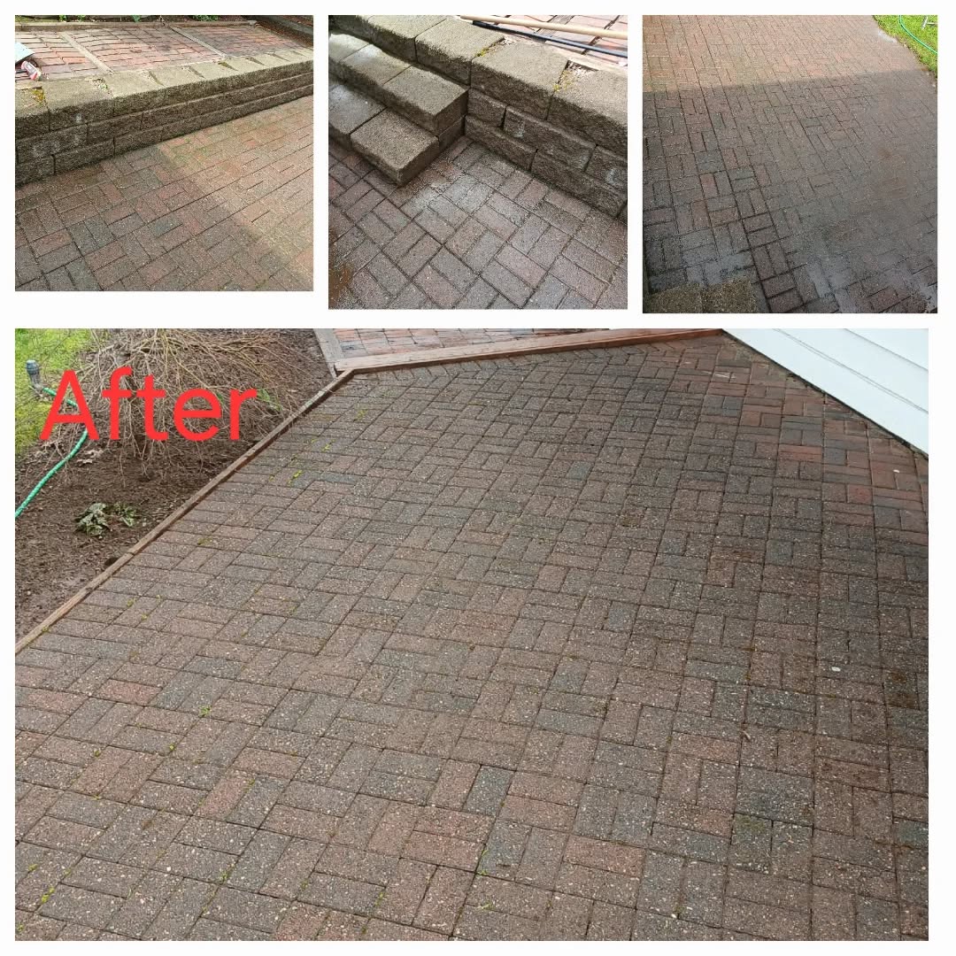 Brick paver patio restored to original color after surface cleaning